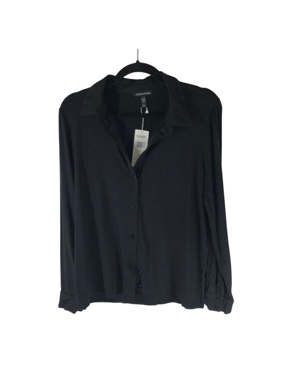 Eileen Fisher Black Classic Collar Slim Shirt M Tencel Blend Fine Jersey